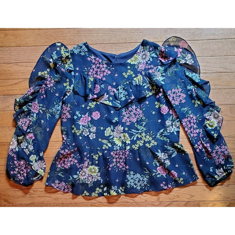 moon & stars Girls Blouse Long Ruffle Sleeves XL Navy Floral Print Chiffon NWT